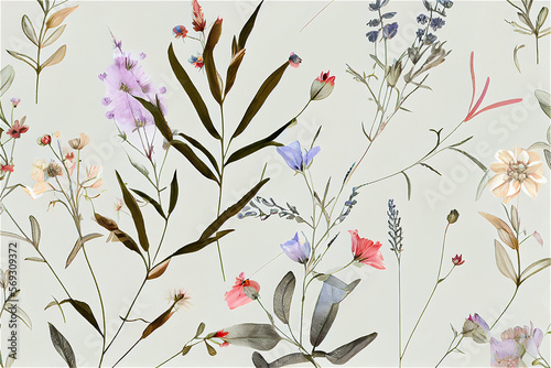 delicate wildflowers and herbs pattern, ideal for spring backgrounds, generative AI