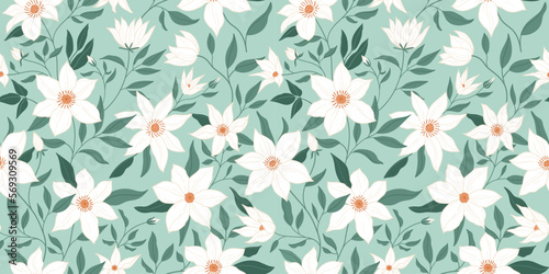 Fototapeta Naklejka Na Ścianę i Meble -  Seamless pattern of beautiful white flowers on a light green background. Abstract floral pattern for fabric, textile, clothes.