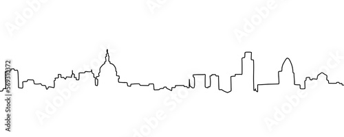 City skyline is drawn in one line art style. Printable art.