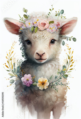 Watercolor lamb baby portrait in vintage style with flowers crown. Cute character farm sheep animal. Beautiful Floral plant lamb animal print. include "Generative AI"