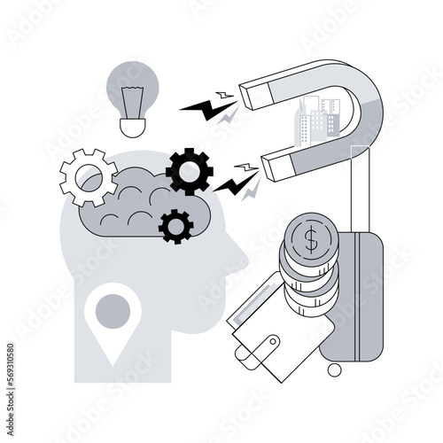 Brain drain abstract concept vector illustration. Emigration of qualified people, trained workers, human capital flight, buisness start up, man with suitcase, leave country abstract metaphor.