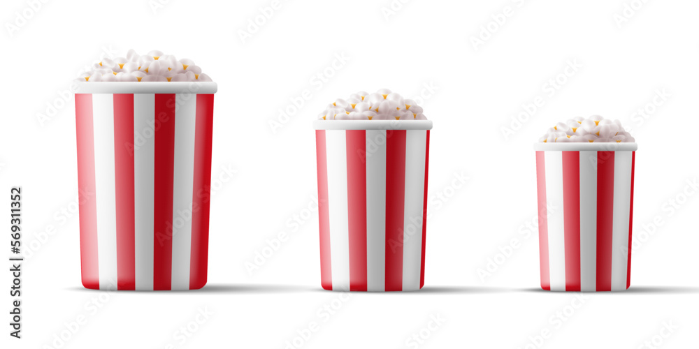 A set of popcorn of different sizes for watching a movie. 3d cardboard