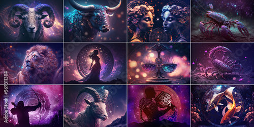 Set of zodiac signs in blue and pink colors. Astrology calendar