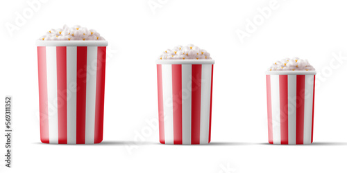 A set of popcorn of different sizes for watching a movie. 3d cardboard buckets with red lines on filled with popcorn. Modern illustration for advertising. Senecs for watching a movie or leisure.