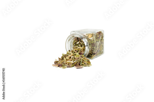 Catnip herb in latin - Nepeta cataria  falling out of a glass jar isolated on white background. Medicinal herb.