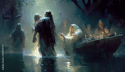 Stampa su tela Illustration representing the baptism of jesus - AI generative