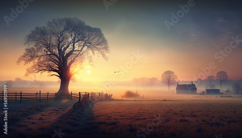  a foggy field with a tree and a barn in the distance at sunset with a bird flying in the sky above the tree and a barn in the distance.  generative ai