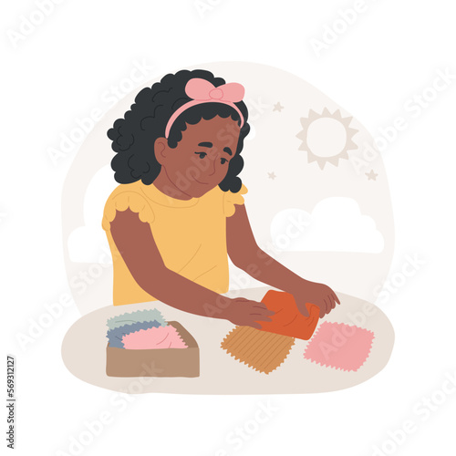 Fabrics isolated cartoon vector illustration. Box with fabrics with different texture, child touching piece of cloth, montessori method, kid exploring material, tactile sense vector cartoon.