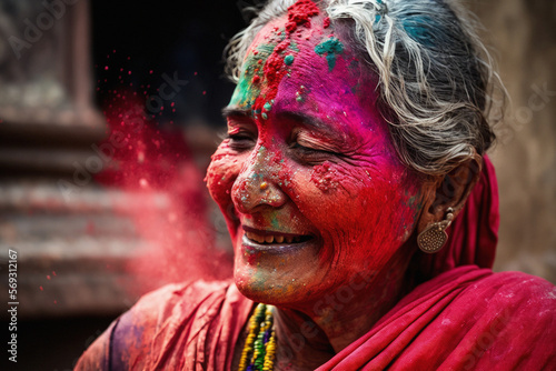 Holi festival, portrait of a older woman. Colorful holi powder. Generative AI.