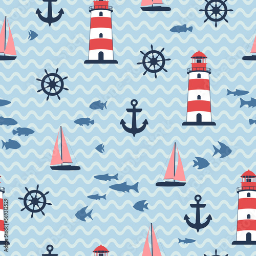 Lighthouse, yacht and fish vector illustration. Beacon on waves seamless pattern.