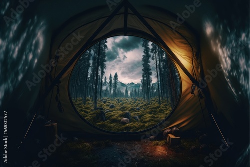 tend, camping, inside tent, looking out, night, sky, moon, landscape, generative by AI