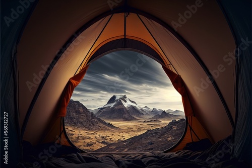 tend, camping, inside tent, looking out, night, sky, moon, landscape, generative by AI