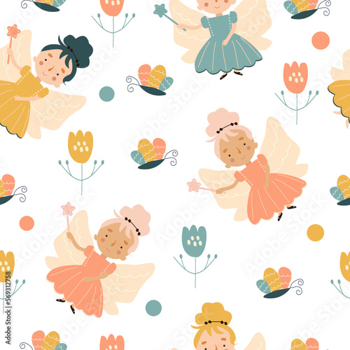 Vector seamless childish pattern with fairy, flowers,rainbow and other elements. Fairy with a magic wand vector illustration. Seamless pattern with cartoon fairy for kids, girl.