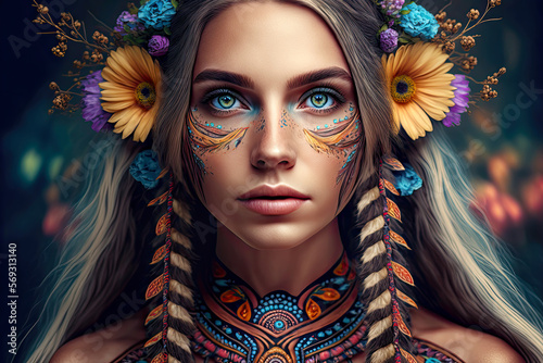 Beautiful Hippie Woman. Generative AI, non-existent person.	