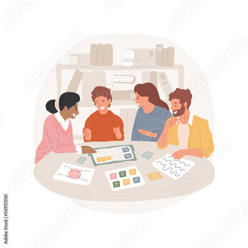 Discussion and questions isolated cartoon vector illustration. Parents and teacher ask questions, child leading discussion, student sitting in the middle, socialization skills vector cartoon.