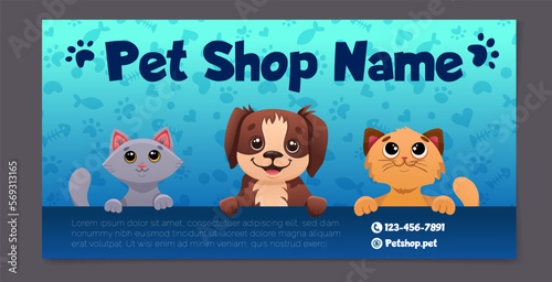 Banner template for pet shop, dog grooming and sale promotion. Cute and modern design with dogs, cat and paw print patterns. Vector cartoon illustration for flyers, web pages.