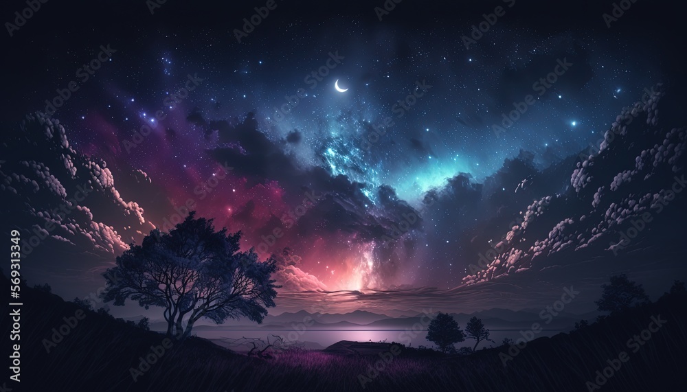 dreamlike gradient sky at night time with nature landscape, idea for background wallpaper, Generative Ai
