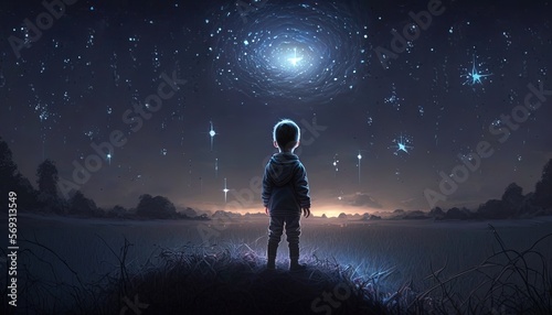 illustration of a boy looking at night starry sky with glitter glow galaxy flicker above  idea for prayer of hope  love  peace theme  Generative Ai 