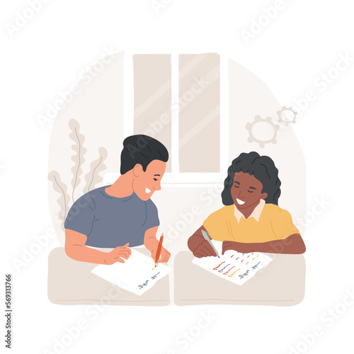 Cheating isolated cartoon vector illustration. Student peeking in classmate notebook, writing off at exam, cheating at classes, using cheat sheet, classroom bad behavior vector cartoon.