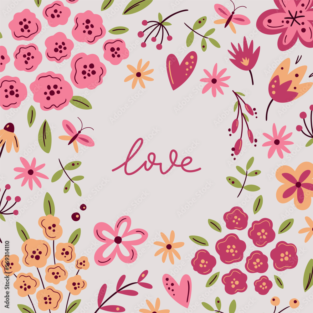 Love. Romantic greeting card with lettering and scandinavian flowers in light colours. Valentine's Day floral greeting cards, poster, social media post or banner template