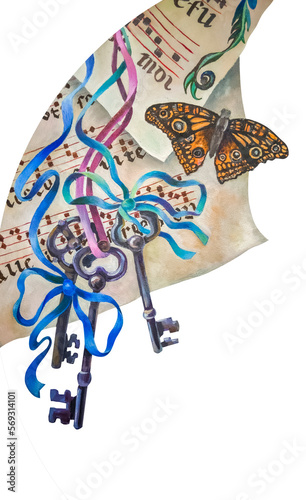 Keys hanging on silk ribbons. Vintage sheet music. An orange butterfly.