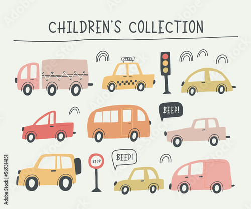 Set of different cute transport in flat style. Colorful cartoon simple vector illustrations in scandivaian style for kid's rooms, children's clothes, posters, invitation, cards, games.
