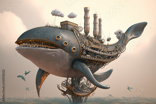 Concept of a large flying machine sailing in the sea in steampunk style generated by AI, digital art. photo