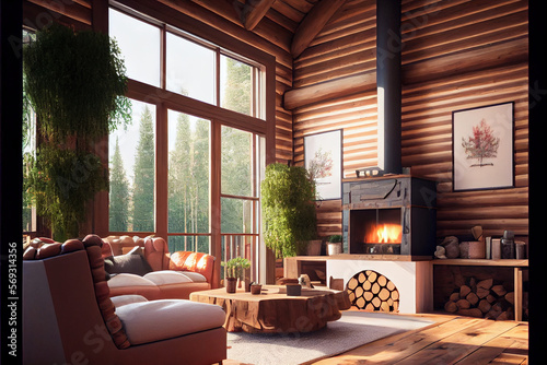 The interior of a wooden house - a chalet with a fireplace, firewood, a sofa and other furniture overlooking the summer yard and the green forest. © serperm73