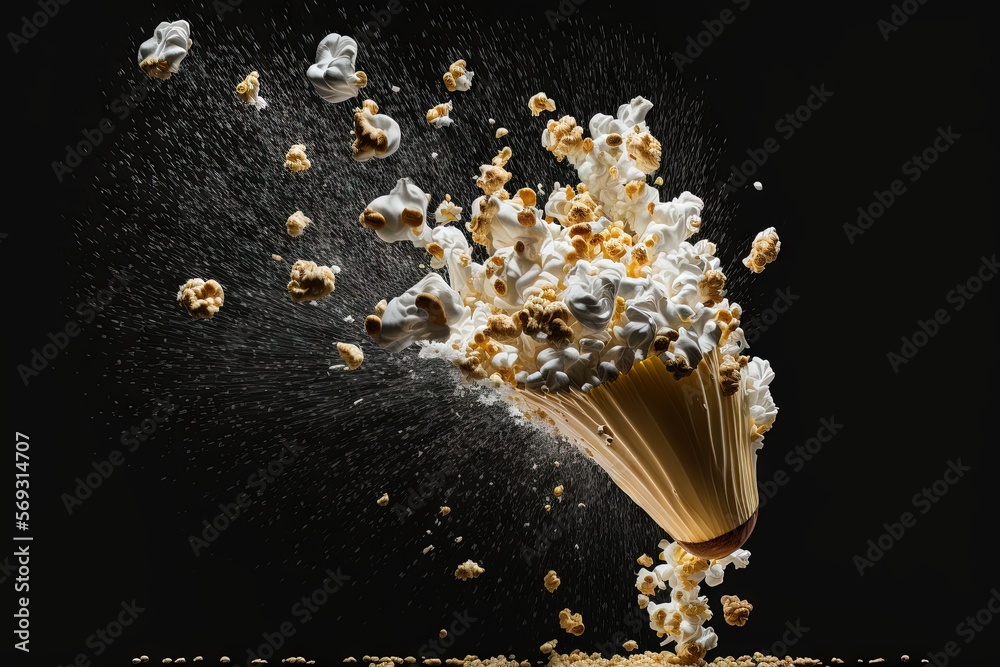 popcorn exploding out of a wooden spoon on a black background with a splash of milk on top of the popcorn and the popcorn is falling off of the table. generative ai popcorn exploding out of a wooden spoon on a black background with a splash of milk on top of the popcorn and the popcorn is falling off of the table. generative ai
