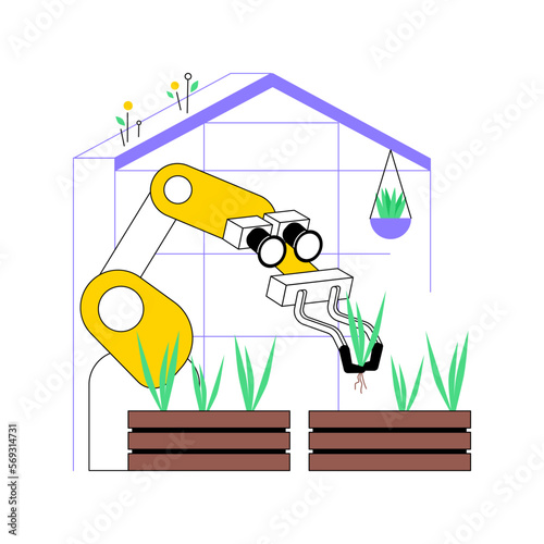 Robotic greenhouse isolated cartoon vector illustrations. Robot picking seedlings in greenhouse, agriculture industry, smart farming technology, modern cultivation process vector cartoon.