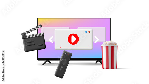 Watching a movie on TV at home, relaxing. Video content collection service. Playlist, popcorn, control panel. Modern illustration for advertising materials.