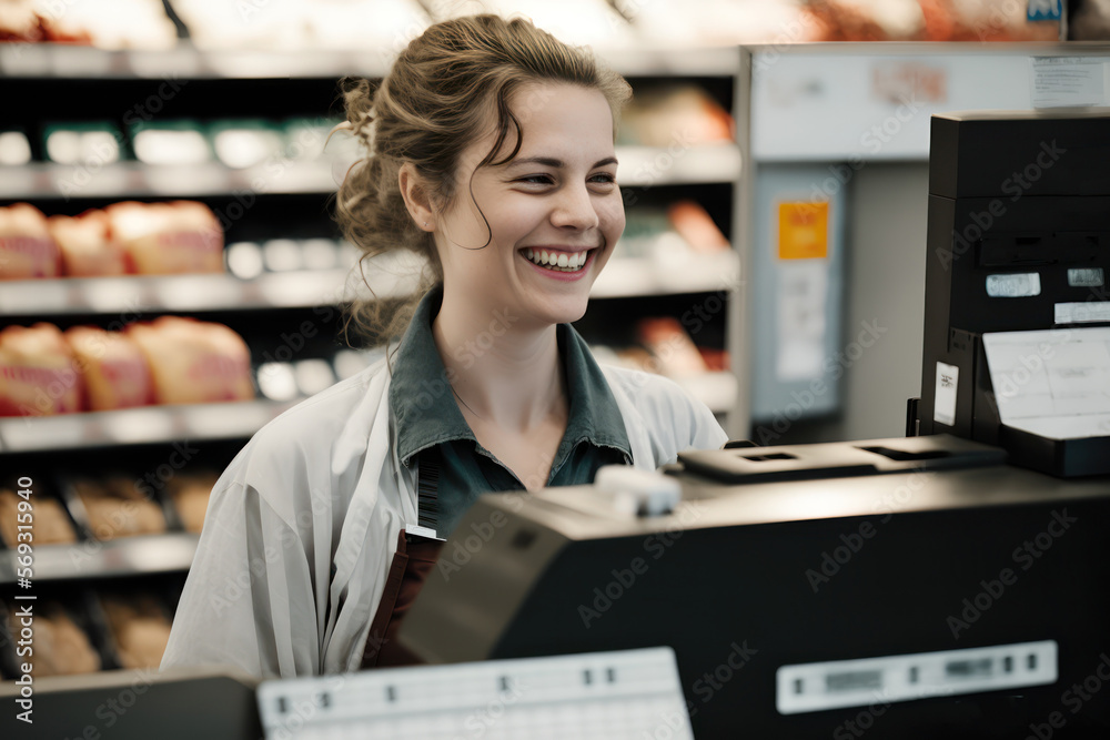 Smiling supermarket cashier attending customer. Generative AI Smiling supermarket cashier attending customer. Generative AI