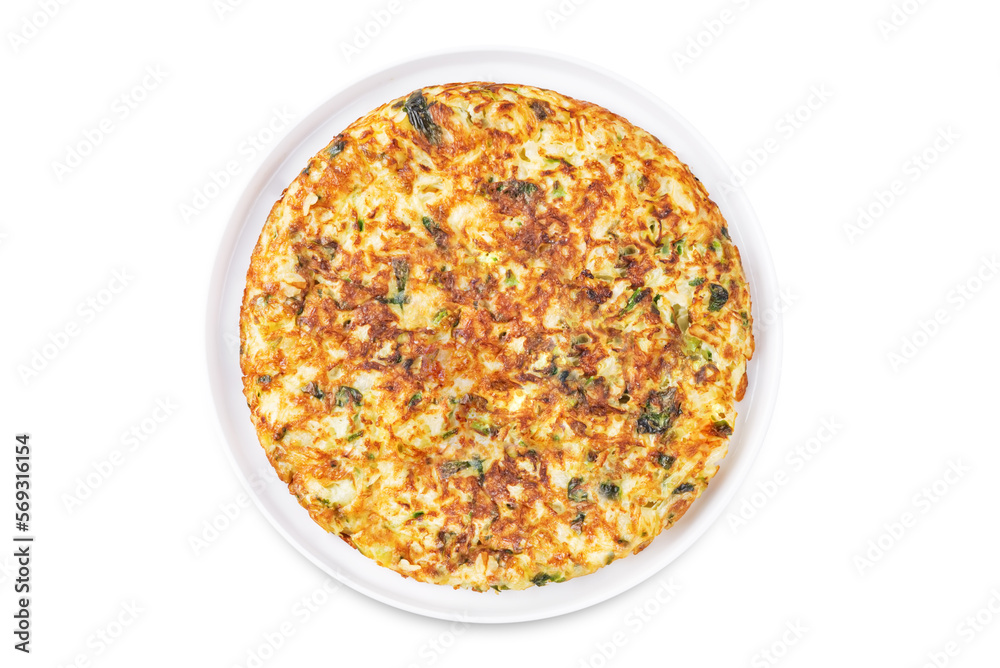Cabbage omelet with cilantro leaves in a plate on a white isolated background Cabbage omelet with cilantro leaves in a plate on a white isolated background