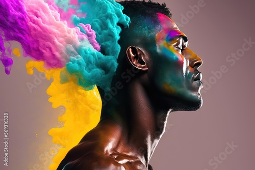 Retouched Side Centered Portrait of Man with Colorful Smoke Head - Dark Skin Tone Digital Art Character Portrait photo