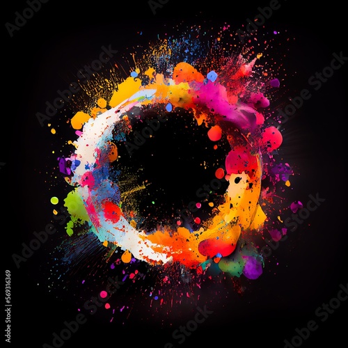 Colorfull paint circle splash isolated on black background. Colorfull color acrylic blots abstract splashes. Grunge circle frame design.