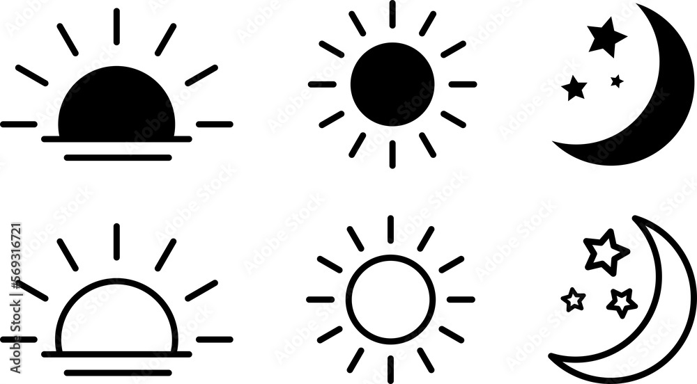 Collection of time of the day icons. Rising and setting sun, crescent moon and stars, day and night time symbols. PNG image Collection of time of the day icons. Rising and setting sun, crescent moon and stars, day and night time symbols. PNG image