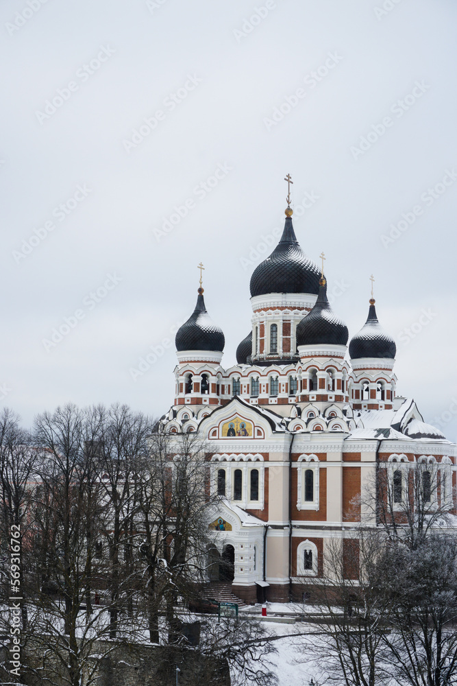Tallinn in winter snow on Alexander Nevsky Cathedral