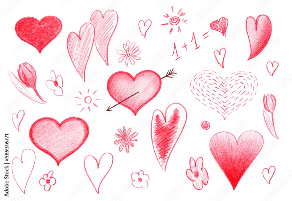 Red Hearts drawn in pencil on a white background.