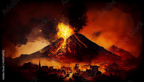 Mount Vesuvius Erupts on antique city Pompeii, Generative AI