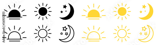 Set of time of the day icons. Sunset, sun, moon icons. Vector illustration