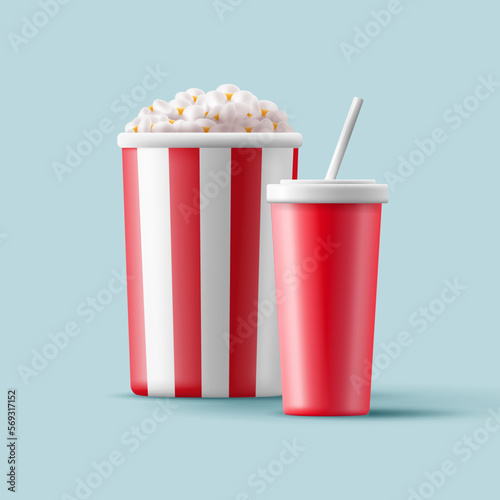 A bucket of popcorn and a drink in a red glass with a straw for watching a movie. Going to the cinema, rest. Modern 3D rendering for advertising use.