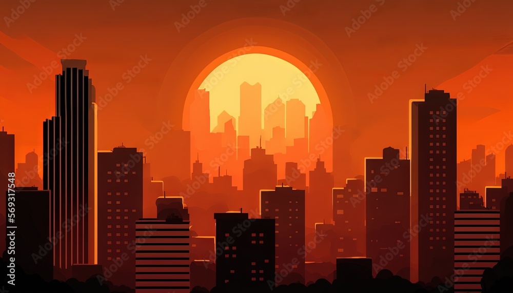  a city skyline with the sun setting in the background and buildings in the foreground, with a red and yellow sky in the background.  generative ai