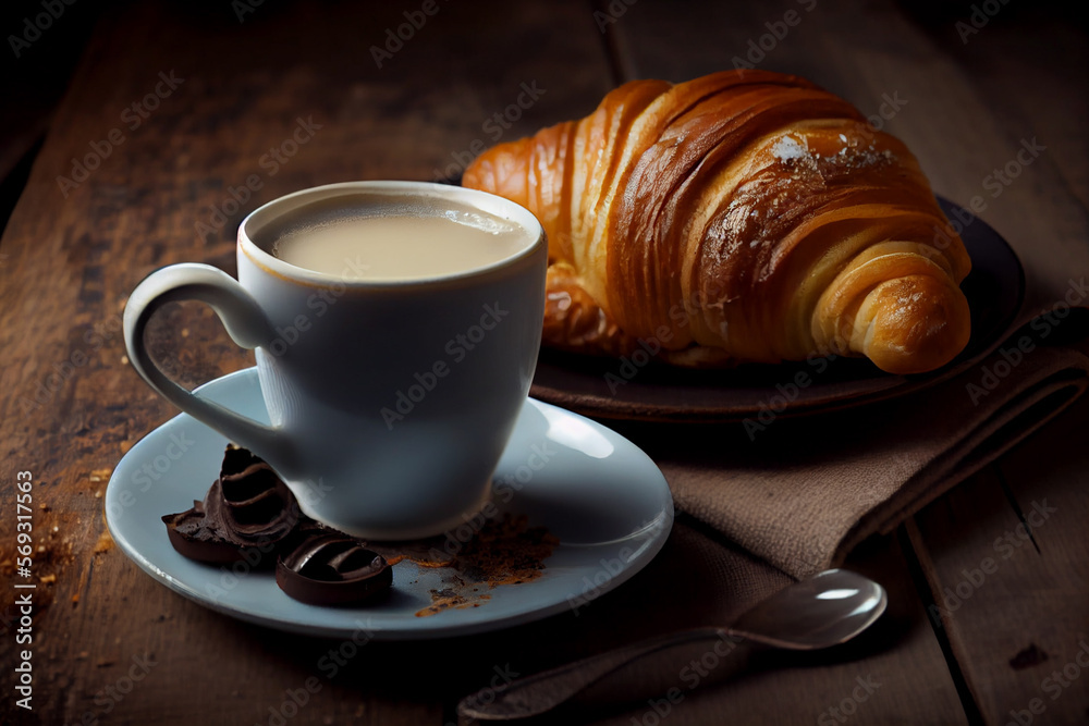 Frisch gebackenes Croissant und eine Tasse Kaffee - Generative Ai Frisch gebackenes Croissant und eine Tasse Kaffee - Generative Ai