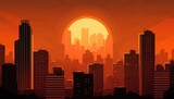  a city skyline with the sun setting in the background and buildings in the foreground, with a red and yellow sky in the background.  generative ai