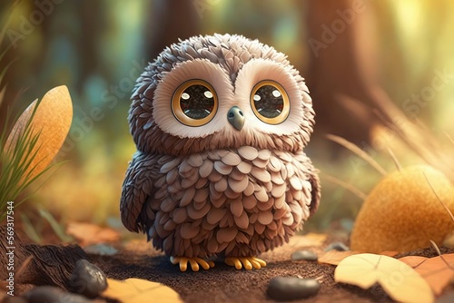 3D Cute little owl kawaii character. Feathered realistic owlet with big eyes. Generative AI photo