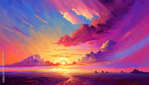  a painting of a sunset with clouds and a road going through the middle of the picture and the sun setting in the distance behind the clouds. generative ai