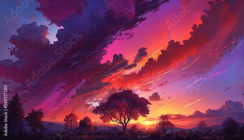 a painting of a sunset with clouds and trees in the foreground and the sun setting in the distance with a purple and pink sky.  generative ai