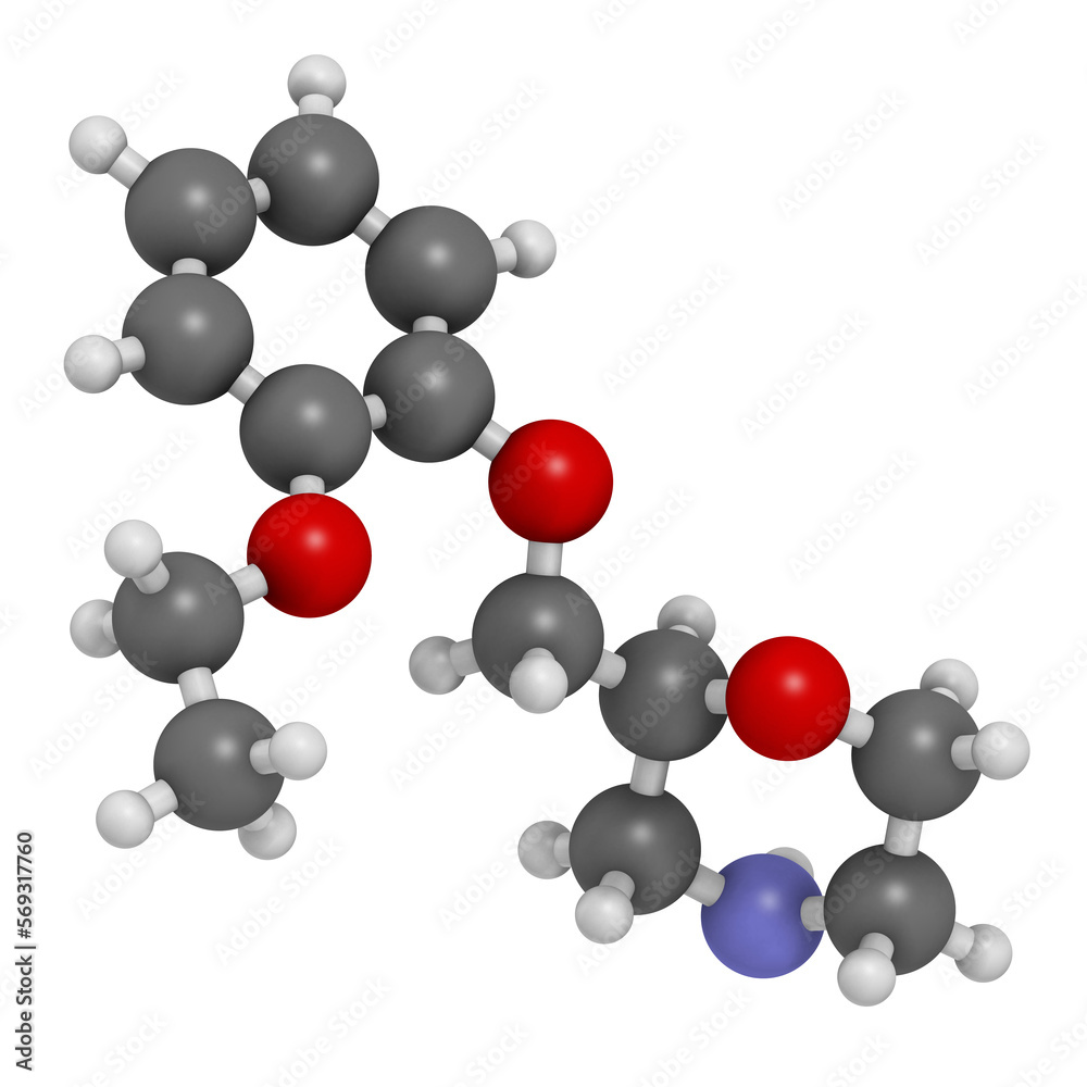 Viloxazine drug molecule. 3D rendering. Viloxazine drug molecule. 3D rendering.