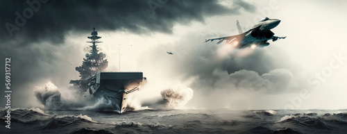 Fotografie, Obraz panoramic view of a generic military aircraft carrier ship with fighter jets tak