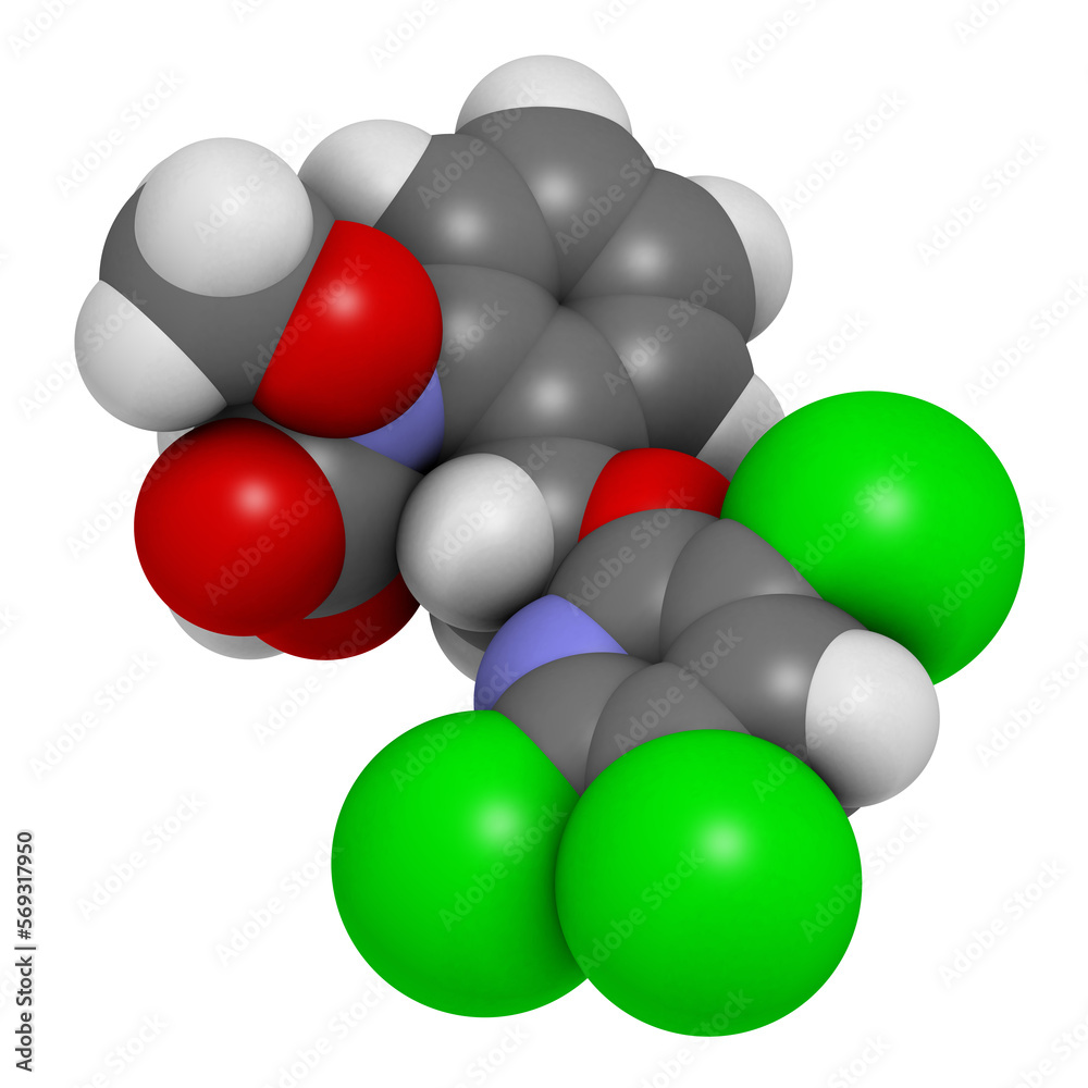 Triclopyricarb fungicide molecule. 3D rendering. Triclopyricarb fungicide molecule. 3D rendering.